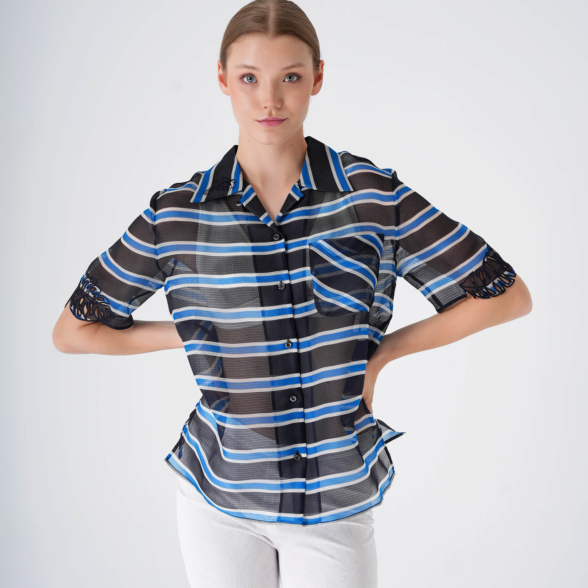 Fendi - Black&Blue&White Stripes Silk Short Sleeved Shirt